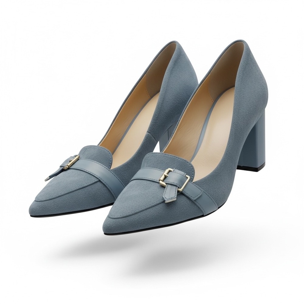 Blue Faux Suede Pointed Toe Block Heel Pumps with Buckle Detail Dusty Blue Sz 41